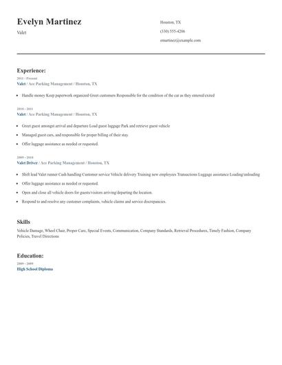 Valet Resume