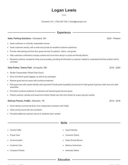 Valet Resume