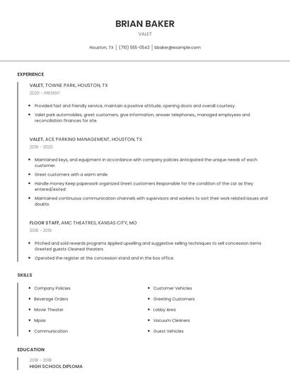 Valet Resume