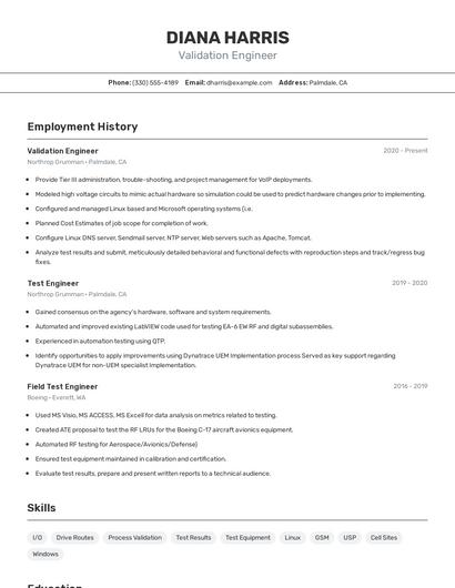 Validation Engineer Resume