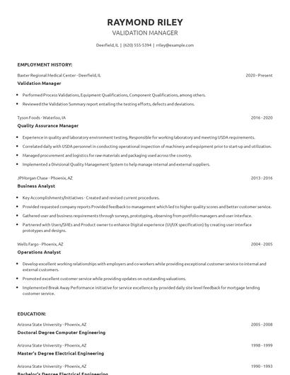 Validation Manager Resume