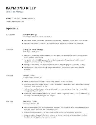 Validation Manager Resume
