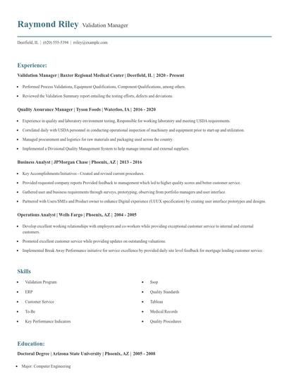 Validation Manager Resume