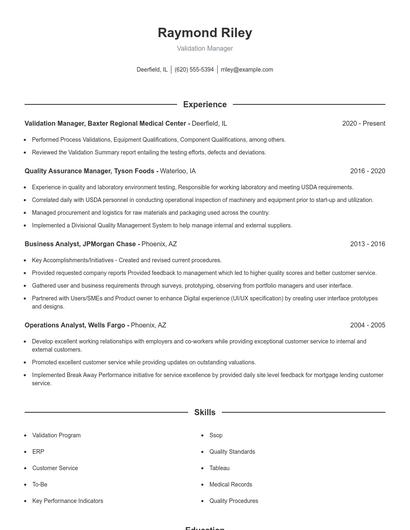 Validation Manager Resume