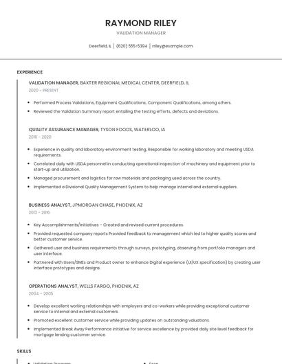 Validation Manager Resume