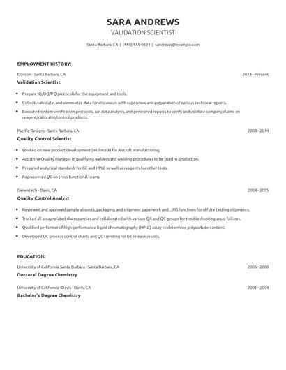 Validation Scientist Resume