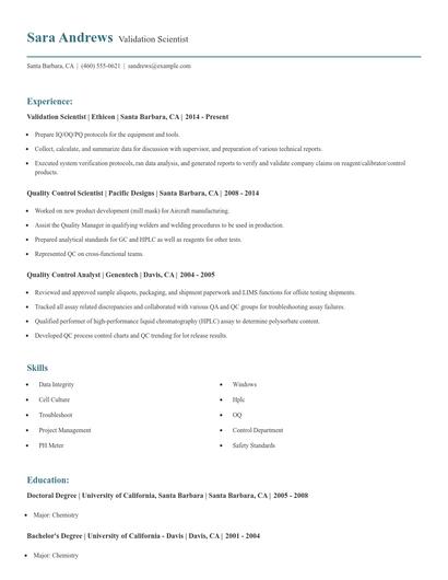 Validation Scientist Resume