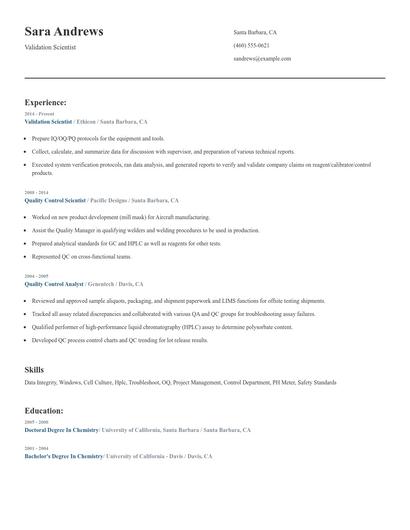 Validation Scientist Resume