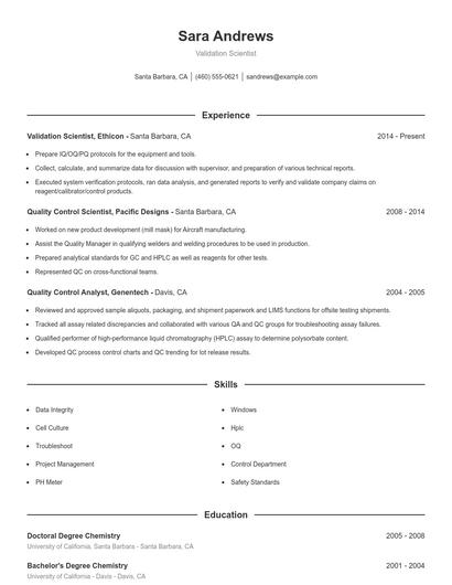 Validation Scientist Resume