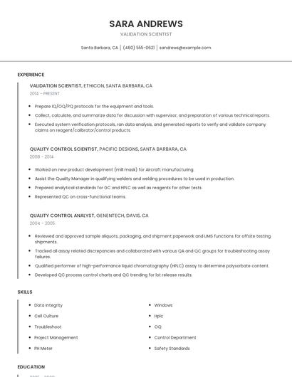 Validation Scientist Resume