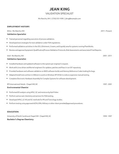 Validation Specialist Resume