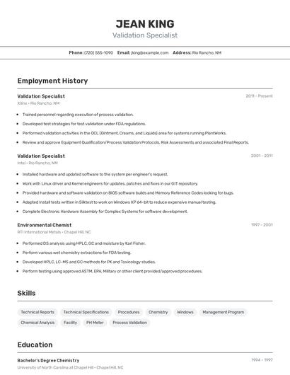 Validation Specialist Resume