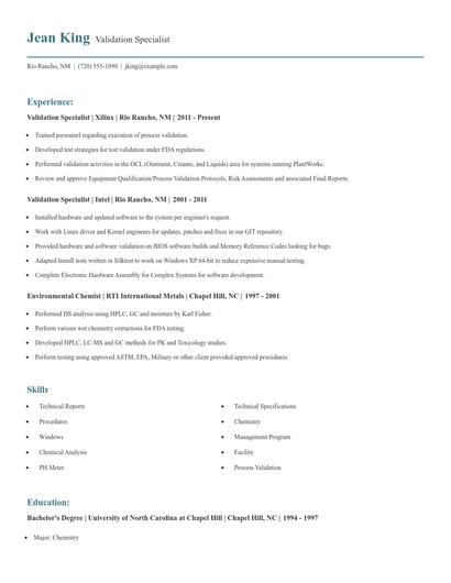 Validation Specialist Resume