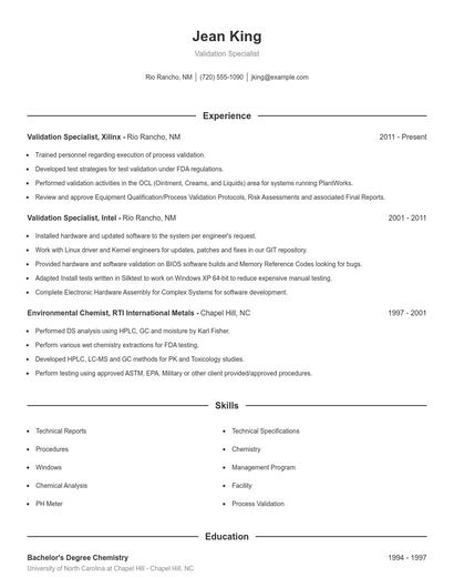 Validation Specialist Resume