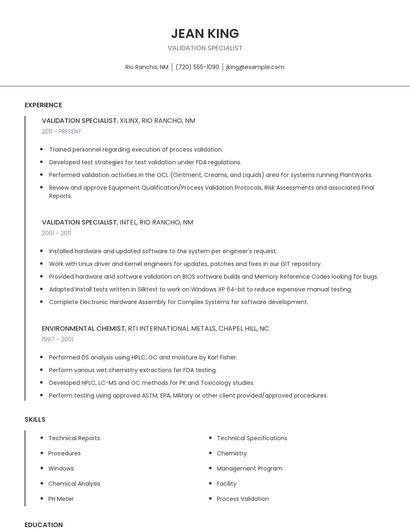 Validation Specialist Resume