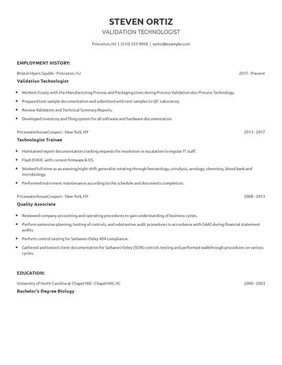 Validation Technologist Resume
