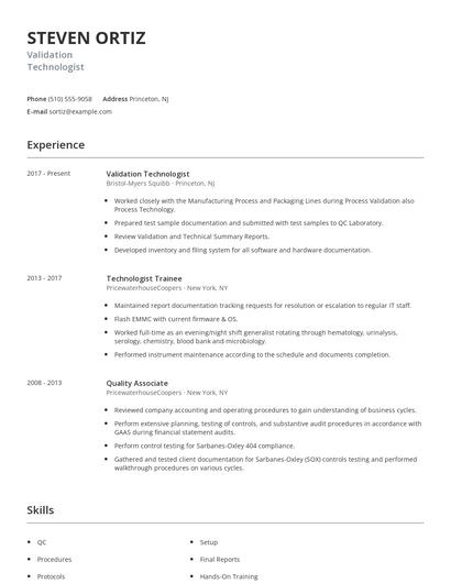 Validation Technologist Resume