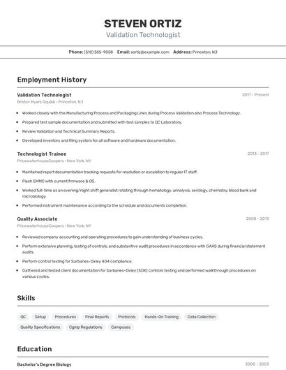 Validation Technologist Resume