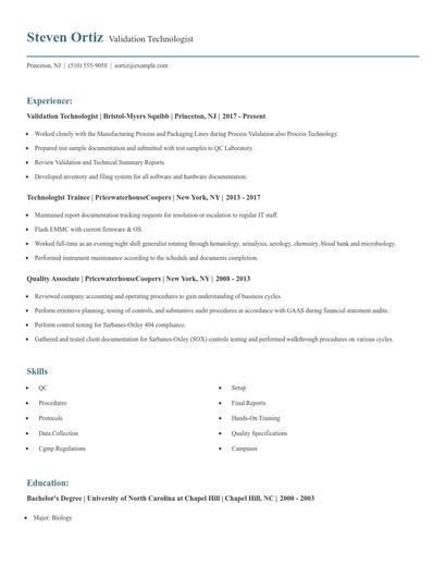 Validation Technologist Resume