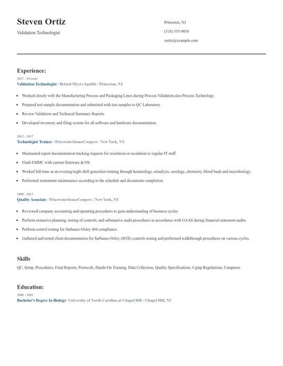 Validation Technologist Resume