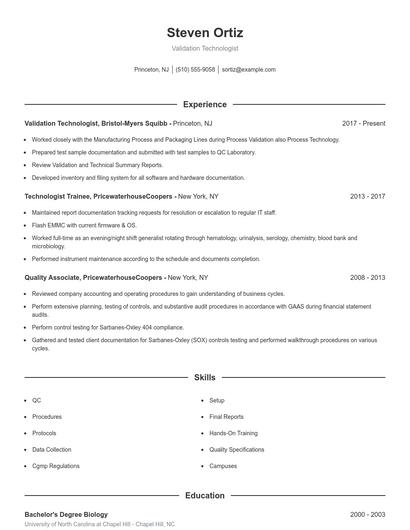 Validation Technologist Resume