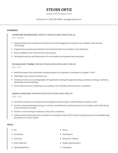 Validation Technologist Resume