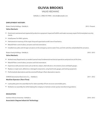 Valve Mechanic Resume