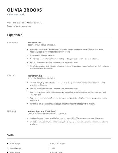 Valve Mechanic Resume