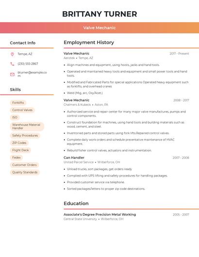 Valve Mechanic Resume