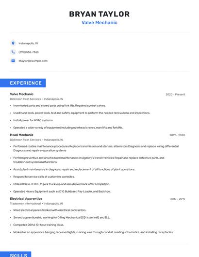 Valve Mechanic Resume