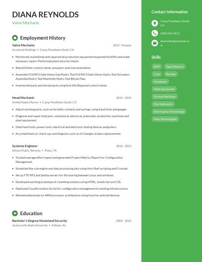 Valve Mechanic Resume