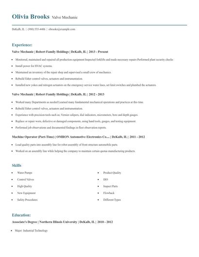 Valve Mechanic Resume