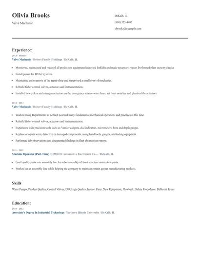 Valve Mechanic Resume