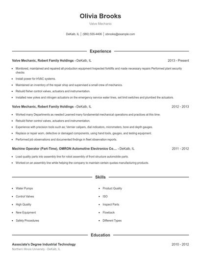 Valve Mechanic Resume