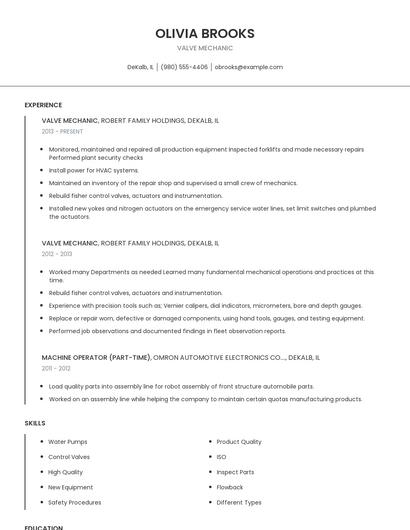 Valve Mechanic Resume