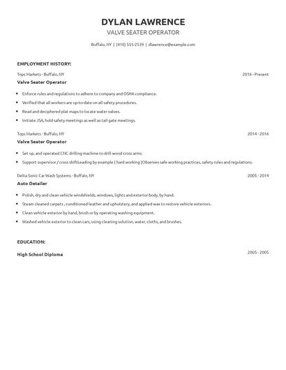 Valve Seater Operator Resume