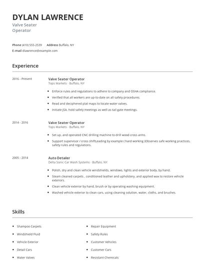 Valve Seater Operator Resume