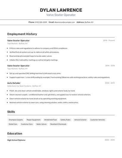 Valve Seater Operator Resume