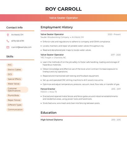 Valve Seater Operator Resume