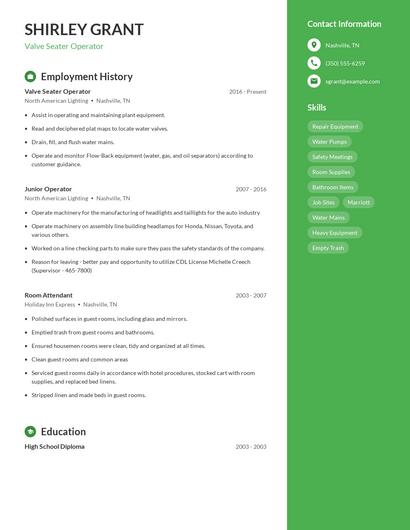 Valve Seater Operator Resume