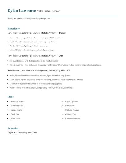 Valve Seater Operator Resume