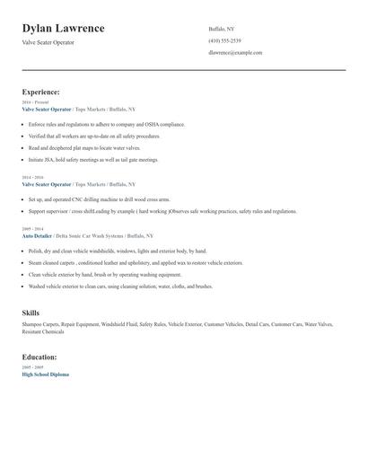 Valve Seater Operator Resume