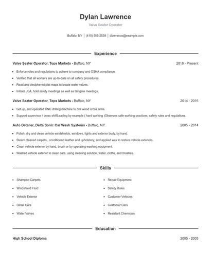Valve Seater Operator Resume