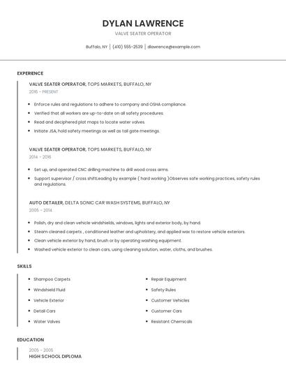 Valve Seater Operator Resume