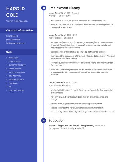 Valve Technician Resume