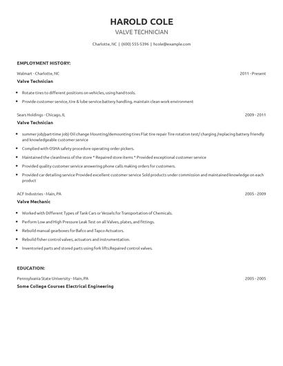 Valve Technician Resume