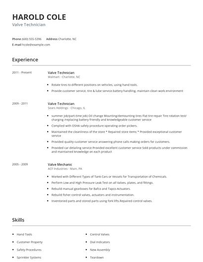 Valve Technician Resume