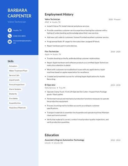 Valve Technician Resume