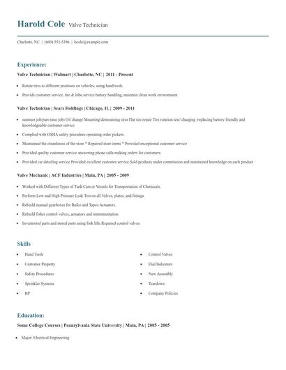 Valve Technician Resume