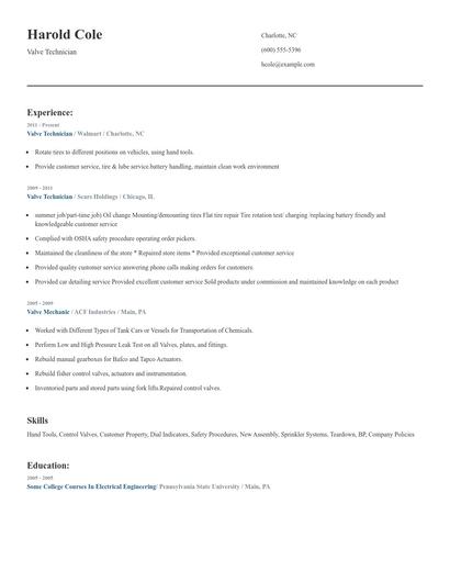 Valve Technician Resume